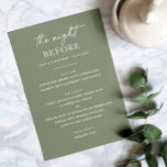 Sage Green Rehearsal Dinner Menu | Night Before<br><div class="desc">Set a serene tone for “The Night Before” with this sage green rehearsal dinner menu. The soft, earthy color and clean minimalist layout make it ideal for garden, woodland, or boho wedding themes - especially in spring, summer, or early fall. Designed with both style and practicality in mind, this editable...</div>