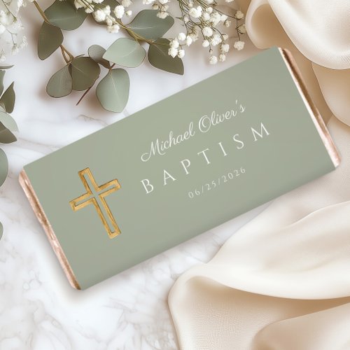 Sage Green Religious Cross Boy Baptism Hershey Bar Favors