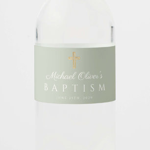 Sage Green Religious Cross Boy Baptism Water Bottle Label