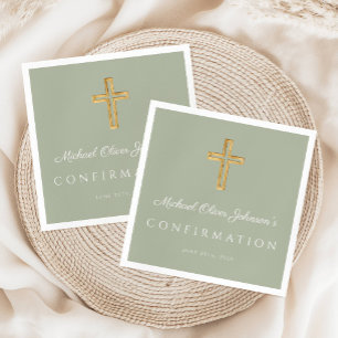 Sage Green Religious Cross Boy Confirmation Napkins