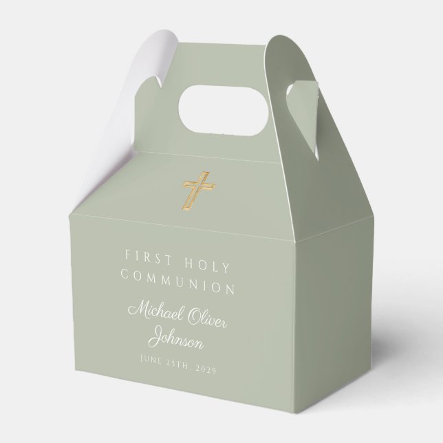 Sage Green Religious Cross Boy First Communion  Favor Boxes (Front Side)