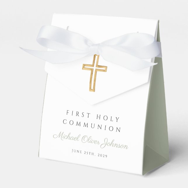Sage Green Religious Cross Boy First Communion Favor Boxes (Front Side)