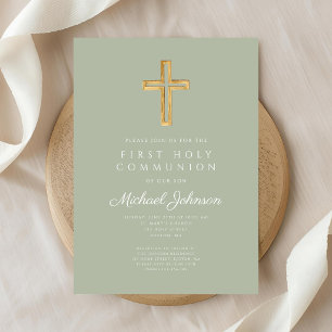 Sage Green Religious Cross Boy First Communion Invitation