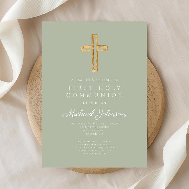 Sage Green Religious Cross Boy First Communion Invitation (Sage Green Religious Cross Boy First Communion Invitation)