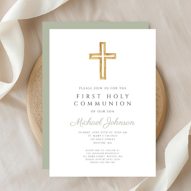 Sage Green Religious Cross Boy First Communion Invitation (Sage Green Religious Cross Boy First Communion Invitation)