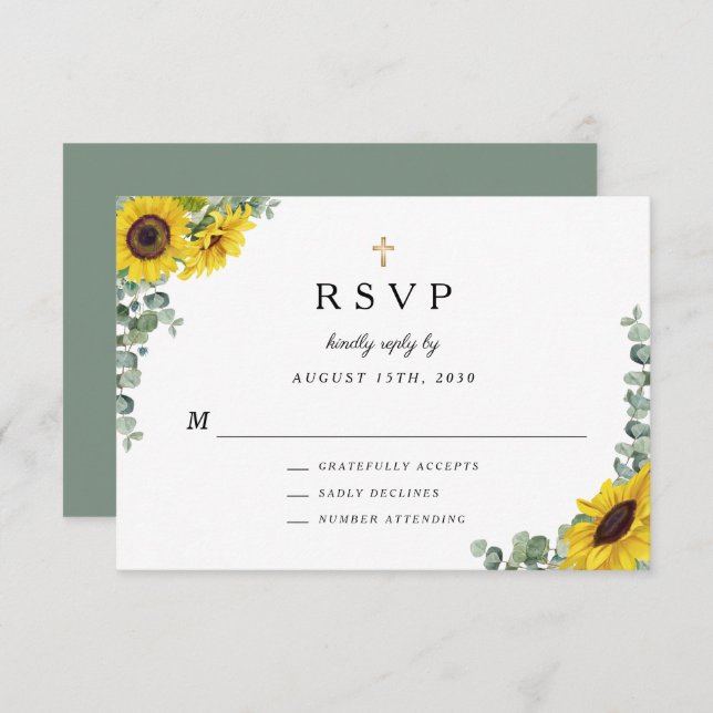 Sage Green Religious Cross Sunflower Wedding  RSVP Card (Front/Back)