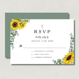Sage Green Religious Cross Sunflower Wedding  RSVP Card