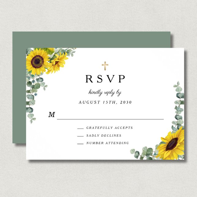 Sage Green Religious Cross Sunflower Wedding  RSVP Card (Sage Green Religious Cross Sunflower Wedding RSVP Card)