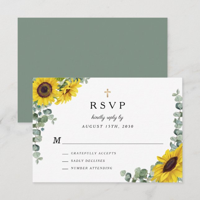 Sage Green Religious Cross Sunflower Wedding  RSVP Card (Front/Back)