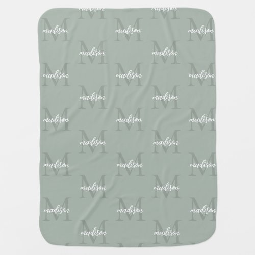 Sage Green Repeating Monogram Personalized Name Baby Blanket