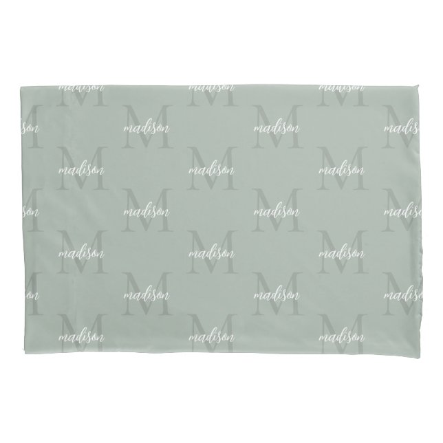 Sage Green Repeating Monogram Personalized Name Pillow Case (Front)