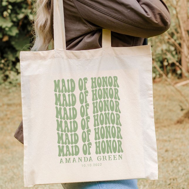 Sage Green Retro Boho Personalized Maid of Honor Tote Bag (Creator Uploaded)