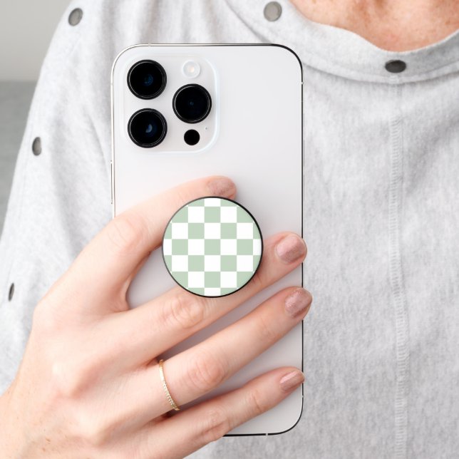 Sage Green Retro Check PopSocket (Hand)