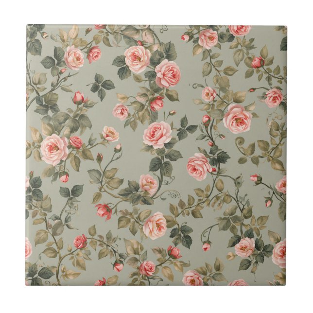 Sage Green Retro Maximalist Floral Ceramic Tile (Front)
