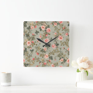 Sage Green Retro Maximalist Floral Square Wall Clock