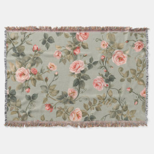 Sage Green Retro Maximalist Floral Throw Blanket