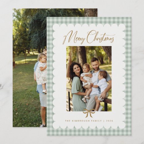 Sage Green Retro Scalloped Gingham Photo Christmas Holiday Card