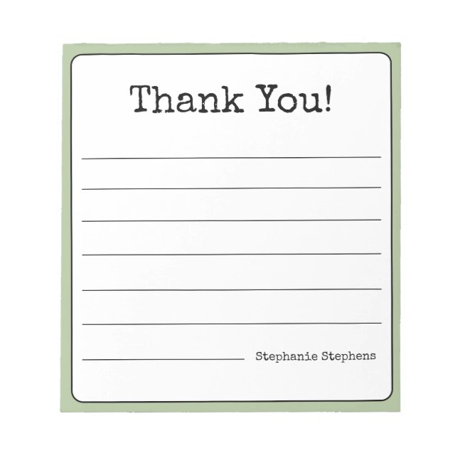 Sage Green Retro Thank You Your Name Lined  Notepad (Front)
