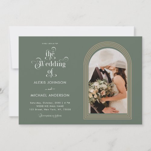 Sage Green Retro Typography Boho Triple Arch Photo Invitation