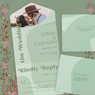 Sage green retro typography photo wedding rsvp all in one invitation