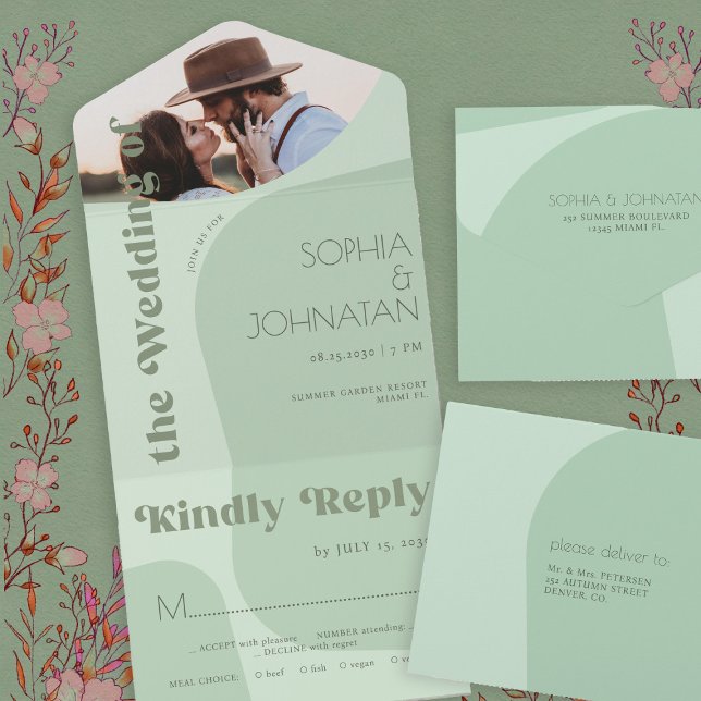 Sage green retro typography photo wedding rsvp all in one invitation (Creator Uploaded)