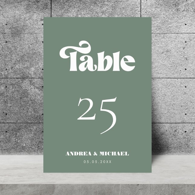 Sage Green Retro Typography Simple Modern Wedding Table Number (Creator Uploaded)