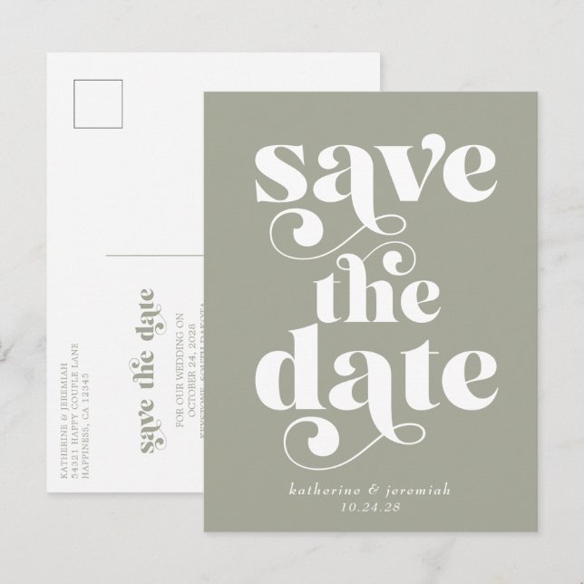 Sage Green Retro Typography Wedding Save the Date Announcement Postcard (Front/Back)