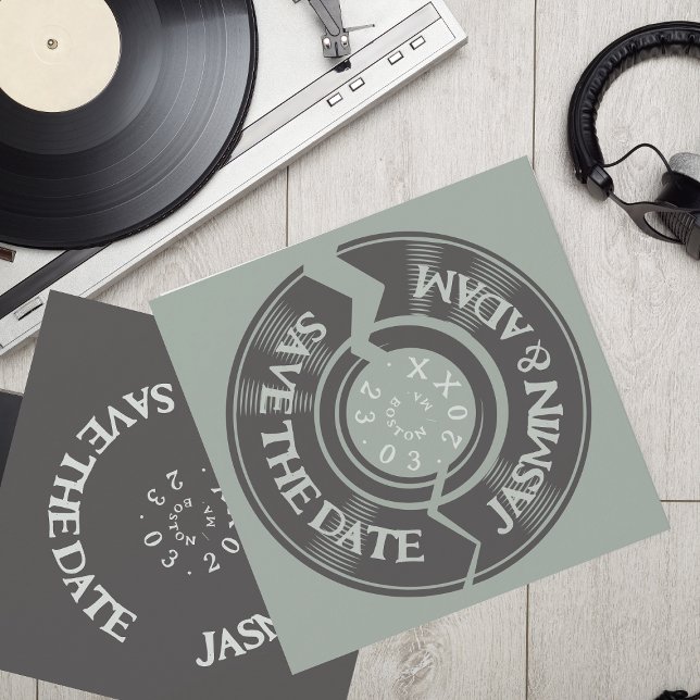 Sage Green Retro Vinyl Record Wedding Save The Date (Creator Uploaded)