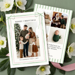 Sage Green Ribbon Bow Merry Christmas Photo Holiday Card