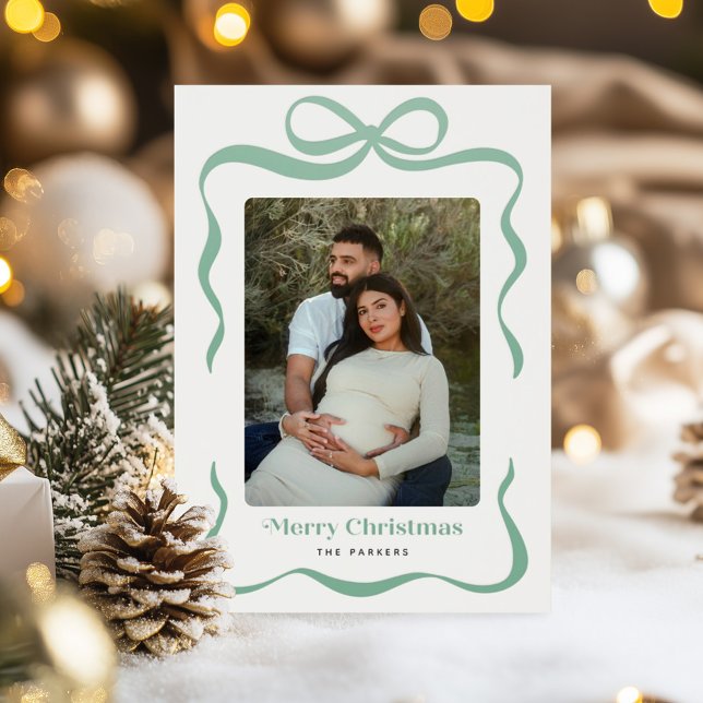 Sage Green Ribbon Gift Bow Merry Christmas Photo Letterpress Photo Cards (Creator Uploaded)