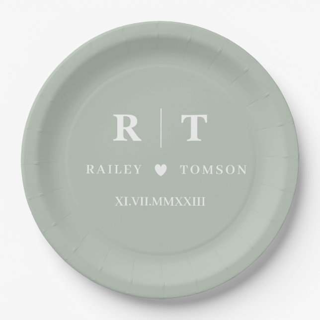 Sage Green Roman Numerals Minimalist Monogram Paper Plates (Front)