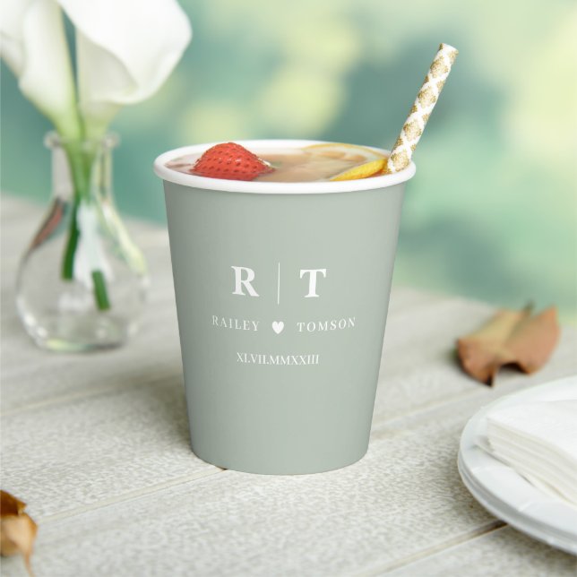 Sage Green Roman Numerals  Monogram Wedding Paper Cups (Insitu)