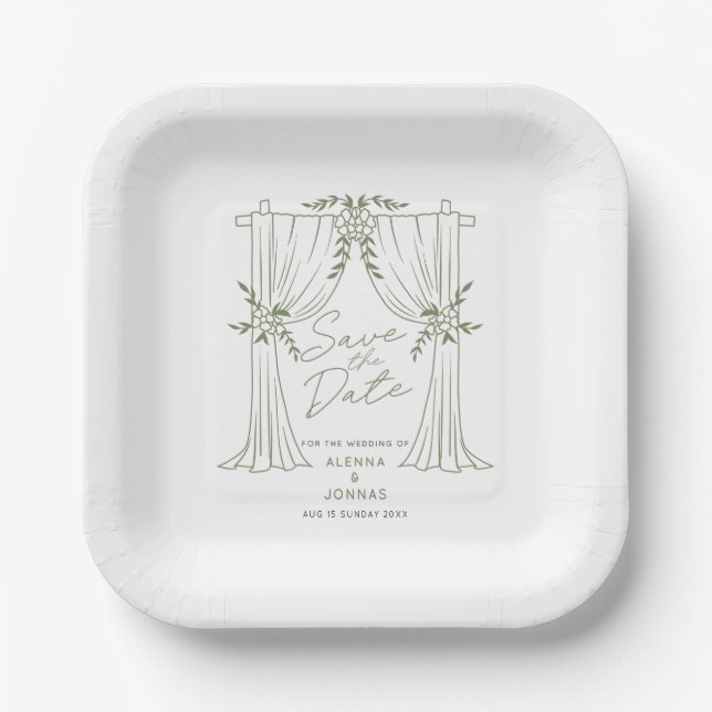 Sage Green Romance Save the Date Paper Plates (Front)