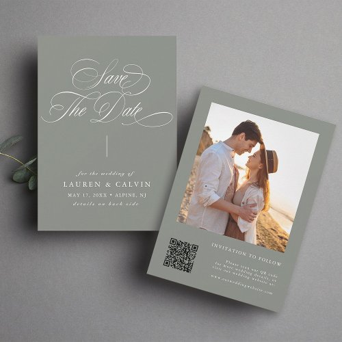 Sage Green Romantic Calligraphy QR Code Photo Save The Date