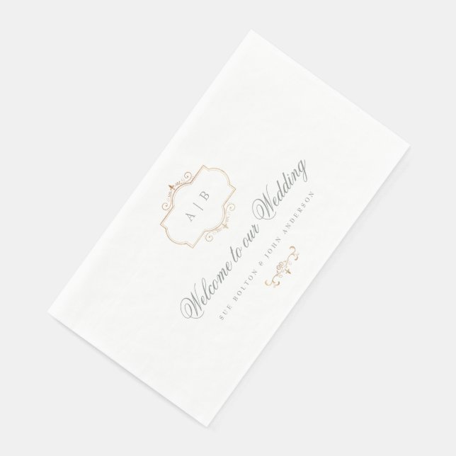 sage green romantic classic gold monogram wedding paper guest towels (Corner)