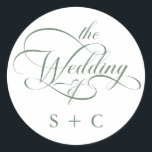 Sage Green Romantic Classy Calligraphy Wedding Classic Round Sticker<br><div class="desc">Simple sage green and white wedding sticker features elegant,  romantic swirly calligraphy lettering with initials. For more advanced customization of this design,  please click the BLUE DESIGN TOOL BUTTON above!</div>