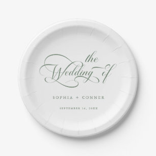 Sage Green Romantic Classy Calligraphy Wedding Paper Plates