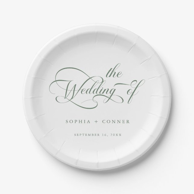 Sage Green Romantic Classy Calligraphy Wedding  Paper Plates (Front)
