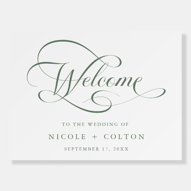 Sage Green Romantic Swirly Script Wedding Welcome Foam Board (Front)