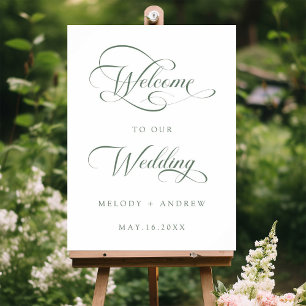 Sage Green Romantic Swirly Script Wedding Welcome Poster