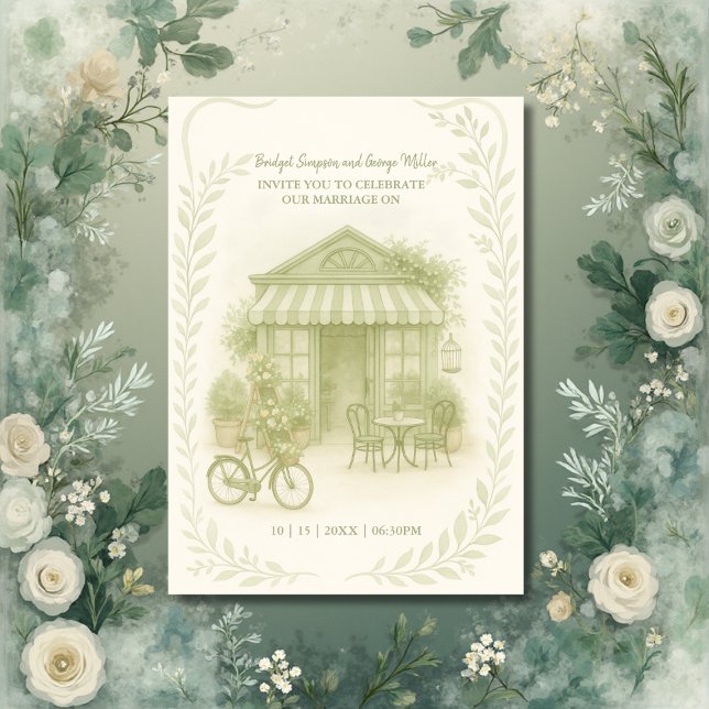 sage green romantic wedding outdoor café invitation (Creator Uploaded)