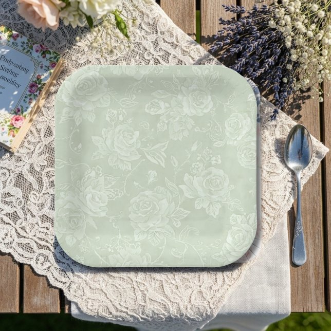 Sage Green Rose Garden Party Paper Plates (Sage Green Rose Garden Party Paper Plates)