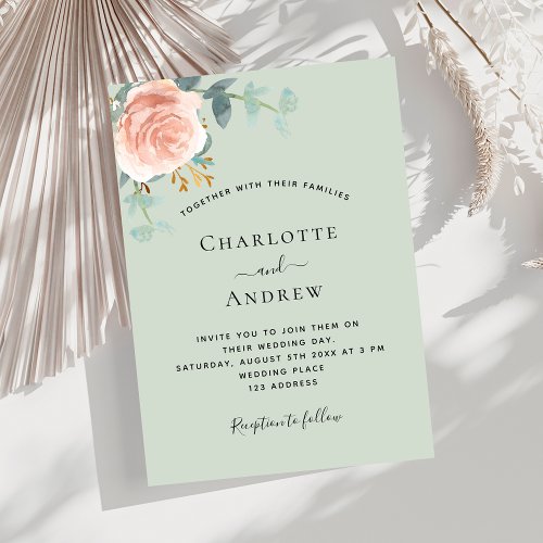 Sage green rose gold blush greenery luxury wedding invitation