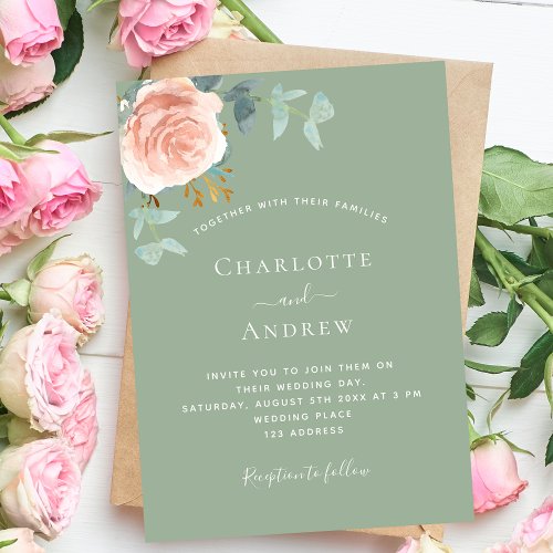 Sage green rose gold blush greenery wedding invitation