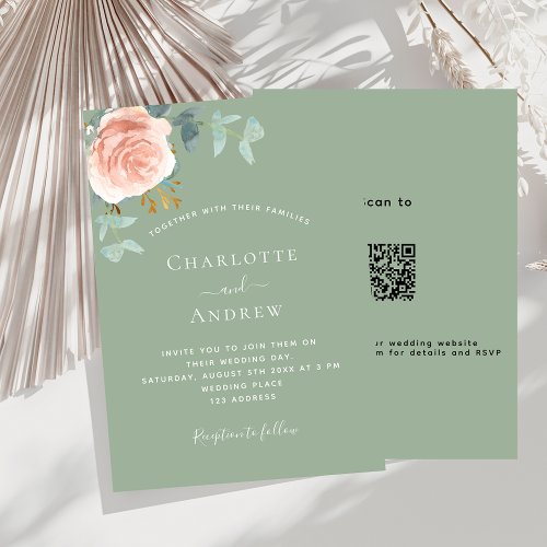Sage green rose gold blush QR RSVP details wedding Invitation