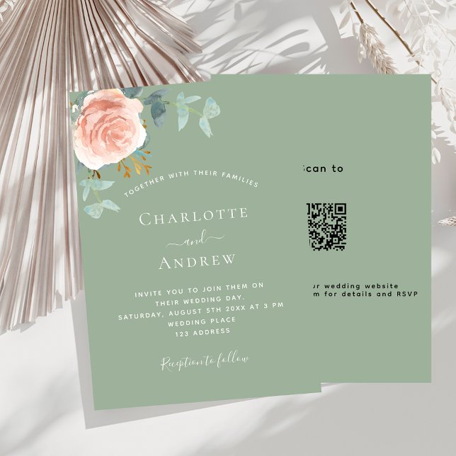 Sage green rose gold blush QR RSVP details wedding Invitation (Creator Uploaded)