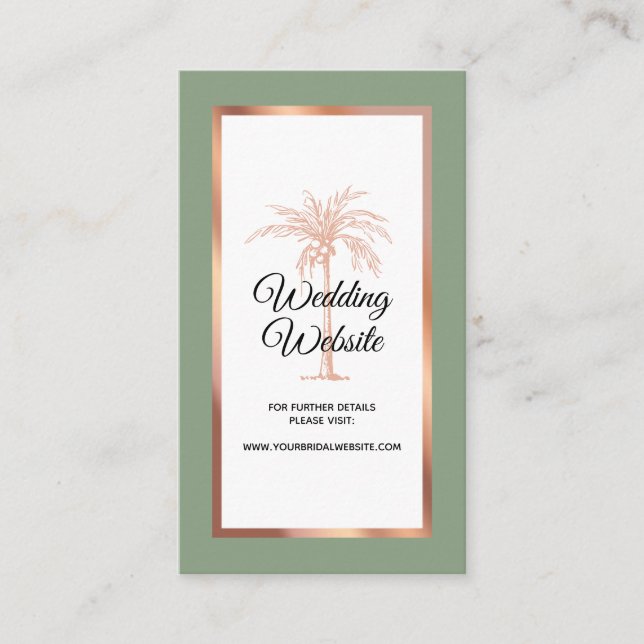 Sage Green Rose Gold Copper Palm Wedding Website Enclosure Card (Front)
