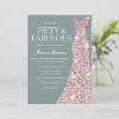 Sage Green Rose Gold Dress Fabulous 50th Birthday Invitation (Standing Front)