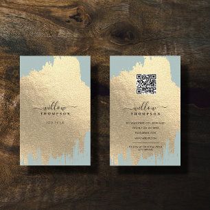 Sage Green Rose Gold Foil Brush Stroke QR Code Business Card