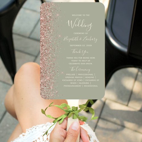 Sage Green Rose Gold Glitter Edge Wedding Program Hand Fan